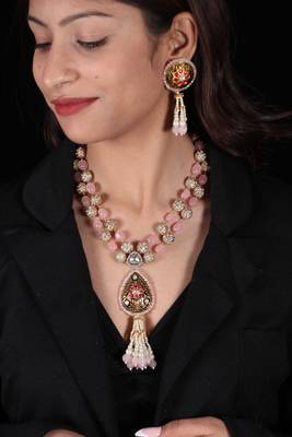 Rose quartz cubic zircon clasic necklace set partywear jewelry 1