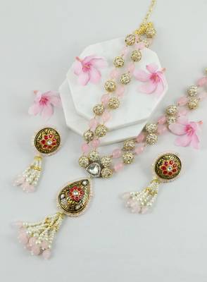 Rose quartz cubic zircon clasic necklace set partywear jewelry 2