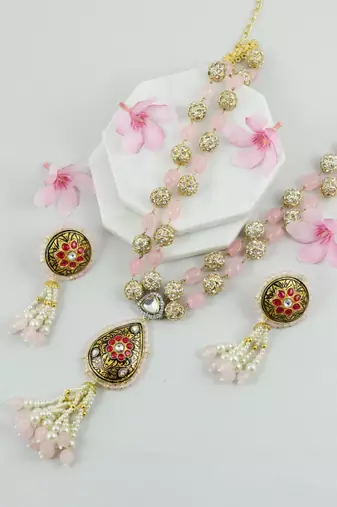 Rose quartz cubic zircon clasic necklace set partywear jewelry