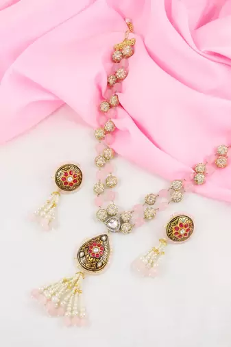 Rose quartz cubic zircon clasic necklace set partywear jewelry