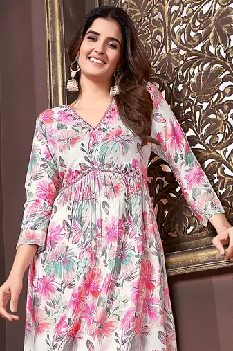 Multicolor handwork rayon readymade salwar kameez alia cut