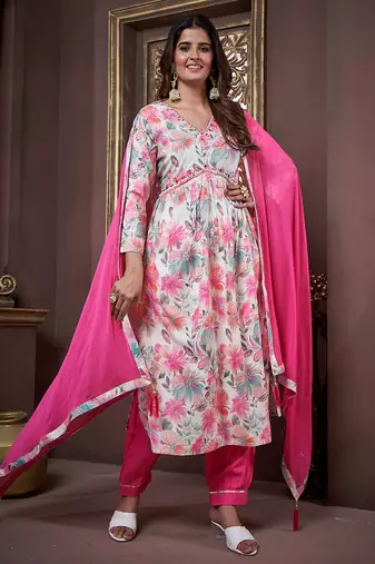 Multicolor handwork rayon readymade salwar kameez alia cut