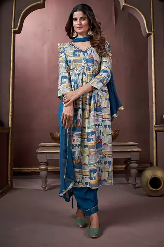 Multicolor handwork rayon readymade salwar kameez alia cut