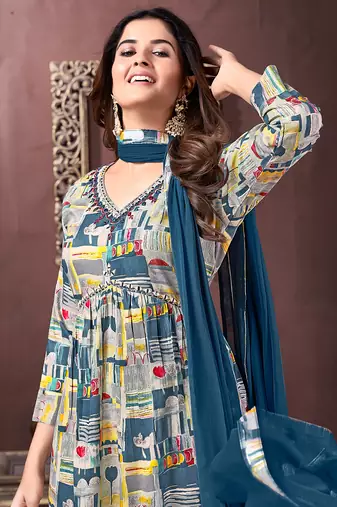 Multicolor handwork rayon readymade salwar kameez alia cut