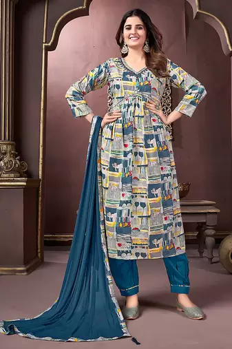 Multicolor handwork rayon readymade salwar kameez alia cut