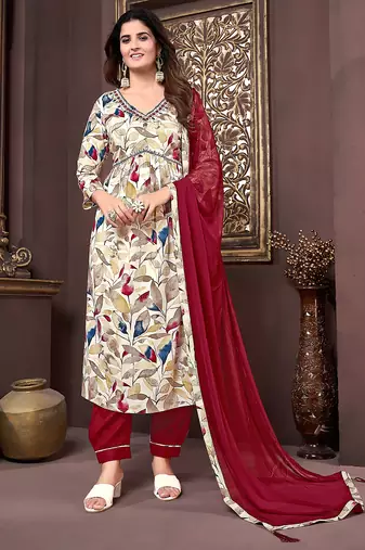 Multicolor handwork rayon readymade salwar kameez alia cut