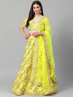 yellow & gold toned embroidered semi stitched party lehenga & blouse with dupatta 1