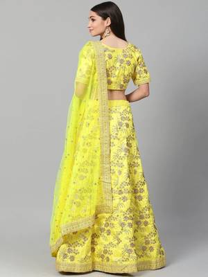 yellow & gold toned embroidered semi stitched party lehenga & blouse with dupatta 4