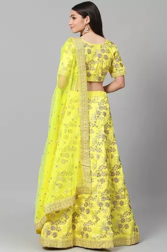 yellow & gold toned embroidered semi stitched party lehenga & blouse with dupatta