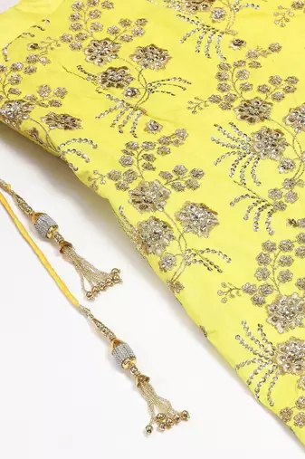 yellow & gold toned embroidered semi stitched party lehenga & blouse with dupatta