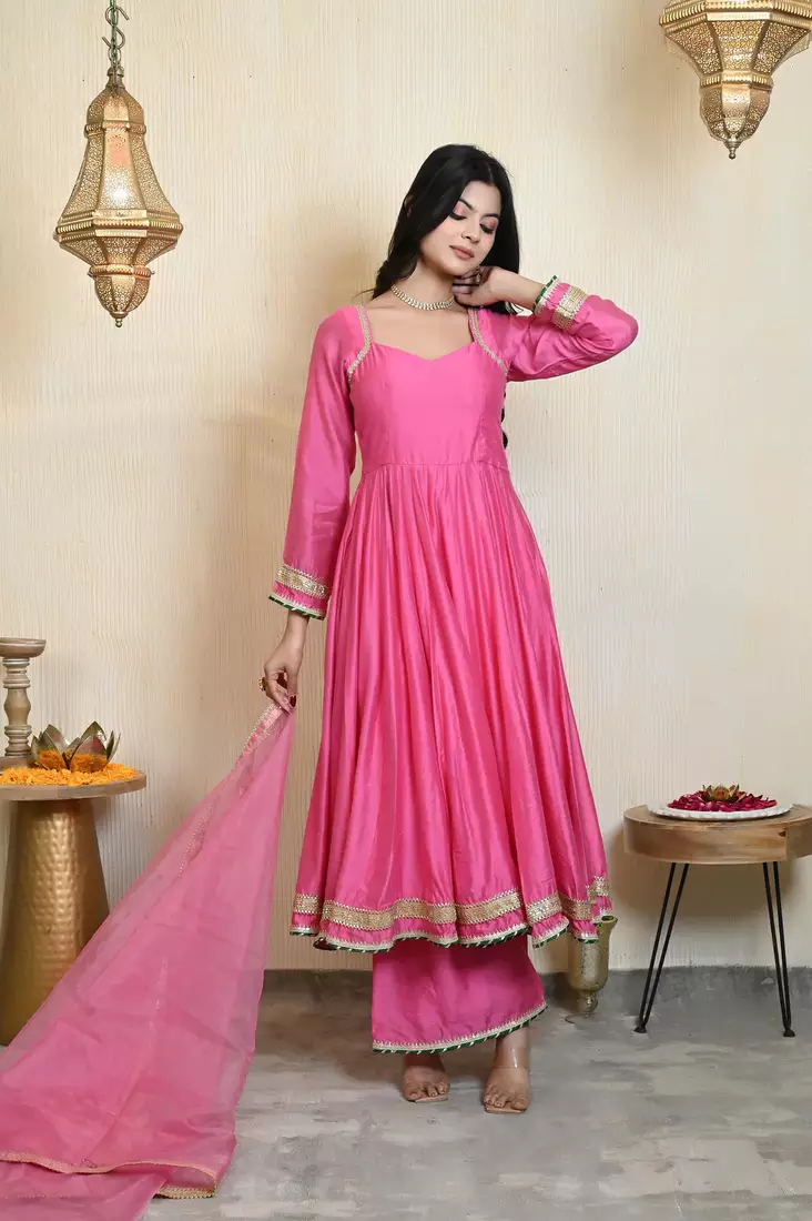 Pink Designer Chanderi Anarkali With Pant & Dupatta Set
