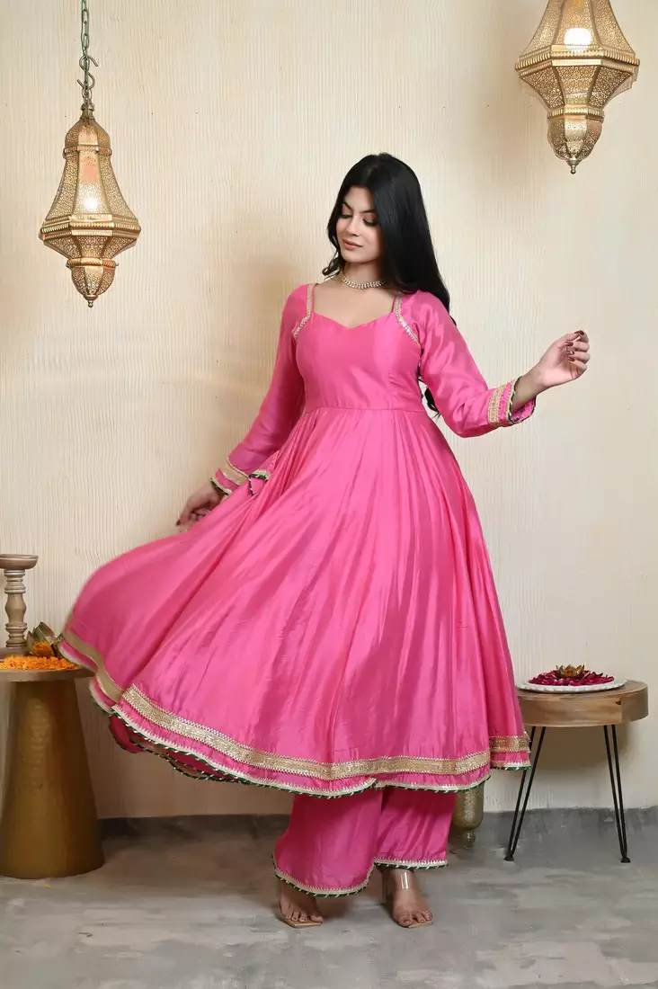 Pink Designer Chanderi Anarkali With Pant & Dupatta Set