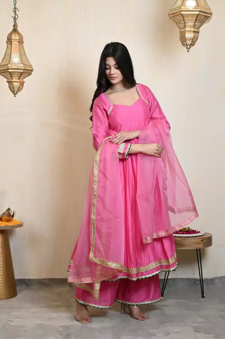 Pink Designer Chanderi Anarkali With Pant & Dupatta Set