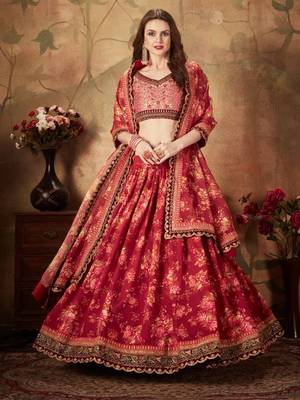 maroon floral digital printed organza bridal lehenga set choli with dupatta 1