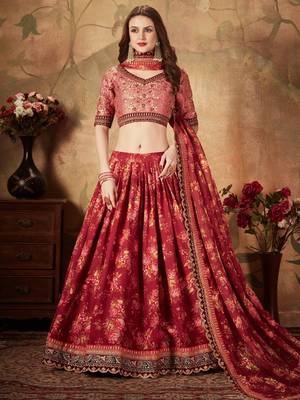 maroon floral digital printed organza bridal lehenga set choli with dupatta 3