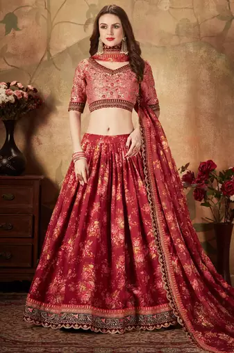 maroon floral digital printed organza bridal lehenga set choli with dupatta