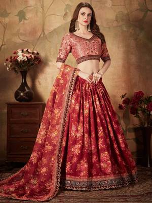 maroon floral digital printed organza bridal lehenga set choli with dupatta 4