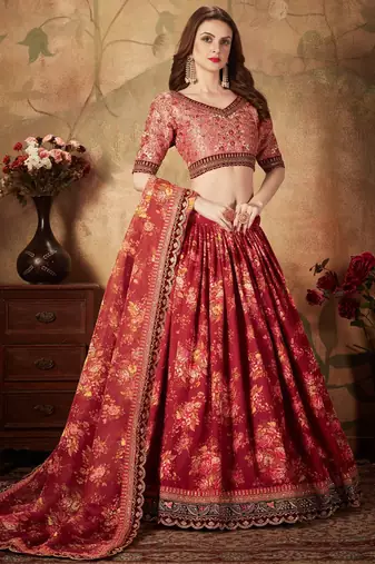 maroon floral digital printed organza bridal lehenga set choli with dupatta