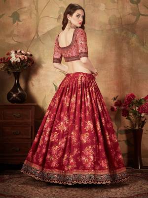 maroon floral digital printed organza bridal lehenga set choli with dupatta 5
