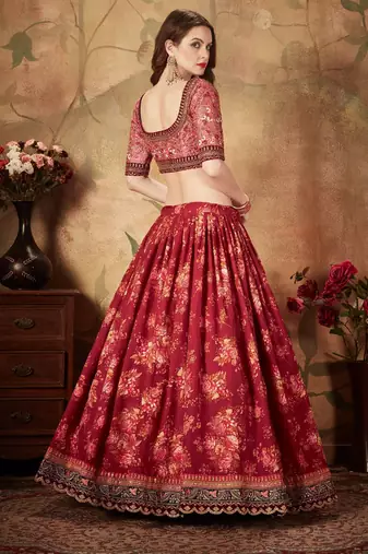 maroon floral digital printed organza bridal lehenga set choli with dupatta