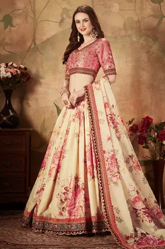 off white floral digital printed organza bridal lehenga set choli with dupatta