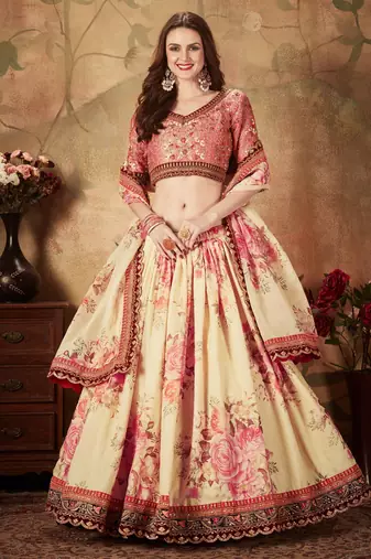 off white floral digital printed organza bridal lehenga set choli with dupatta