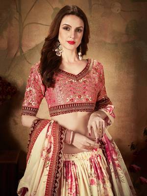 off white floral digital printed organza bridal lehenga set choli with dupatta 5