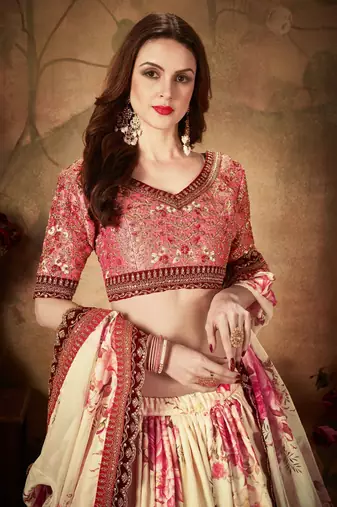 off white floral digital printed organza bridal lehenga set choli with dupatta