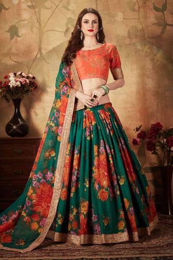Elegant Green Silk Floral Embroidered Lehenga Choli Set for Wedding