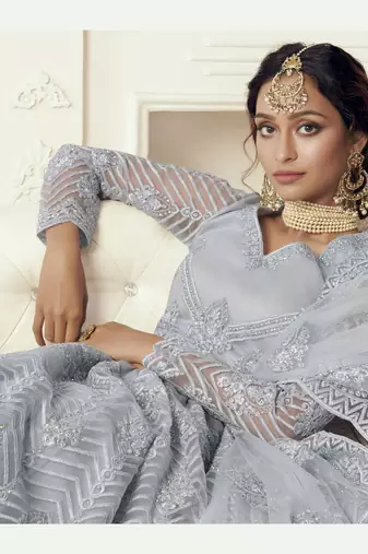 light purple heavy thread coding work net bridal lehenga set choli with dupatta