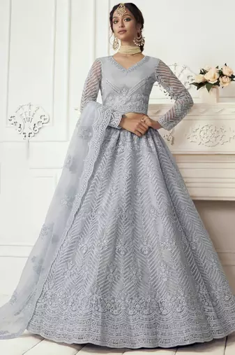 light purple heavy thread coding work net bridal lehenga set choli with dupatta
