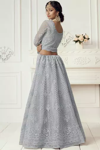 light purple heavy thread coding work net bridal lehenga set choli with dupatta