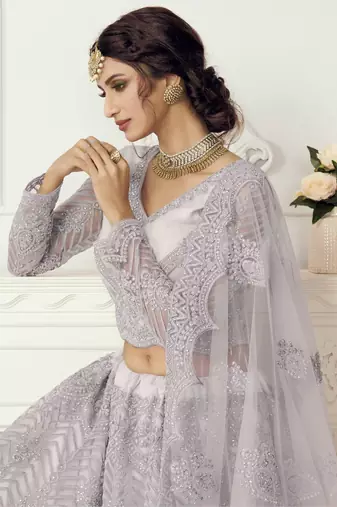lavender heavy thread coding work net bridal lehenga set choli with dupatta