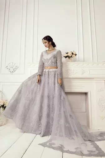 lavender heavy thread coding work net bridal lehenga set choli with dupatta
