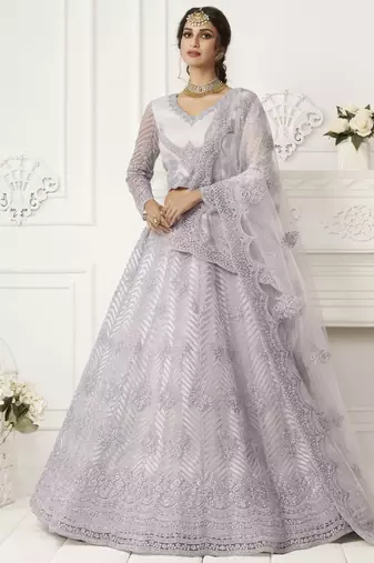 lavender heavy thread coding work net bridal lehenga set choli with dupatta