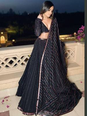 black multi sequins georgette party lehenga set choli with dupatta 3