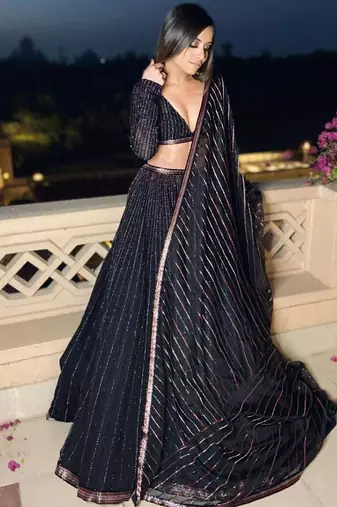 black multi sequins georgette party lehenga set choli with dupatta