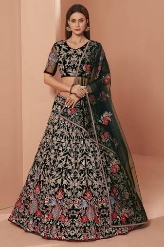 Green Floral Zari Embroidered Net Wedding Wear Lehenga Choli