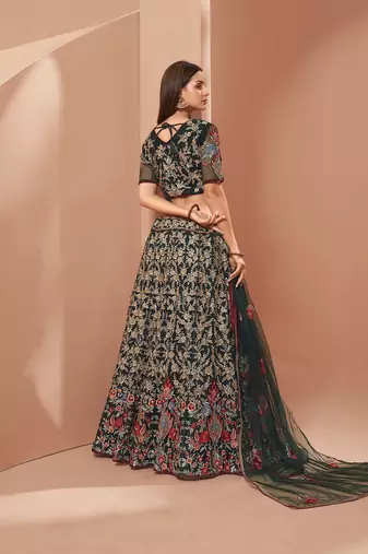 green floral zari embroidered net lehenga set choli with dupatta