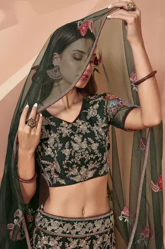 green floral zari embroidered net lehenga set choli with dupatta