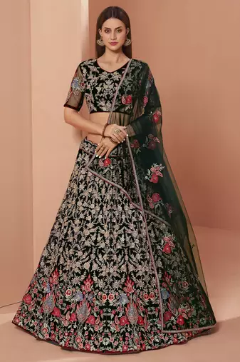 green floral zari embroidered net lehenga set choli with dupatta