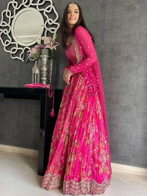 pink printed georgette silk party lehenga set choli with dupatta 1