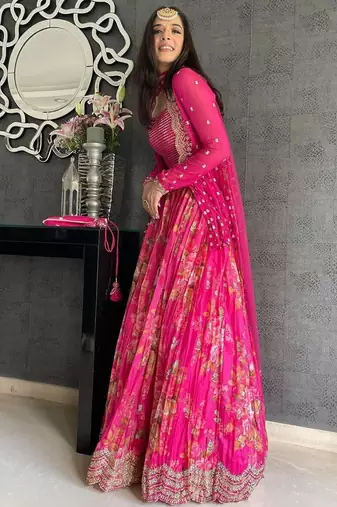 pink printed georgette silk party lehenga set choli with dupatta