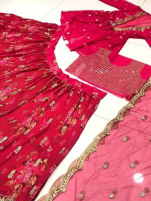 pink printed georgette silk party lehenga set choli with dupatta 4