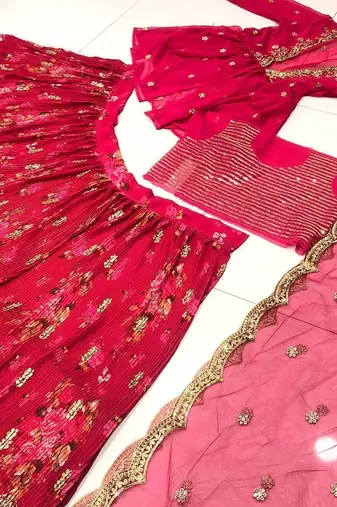 pink printed georgette silk party lehenga set choli with dupatta