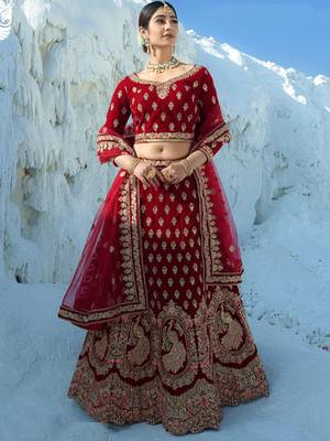 red zari embroidery velvet bridal lehenga set choli with dupatta 1
