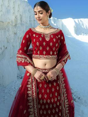 red zari embroidery velvet bridal lehenga set choli with dupatta 2