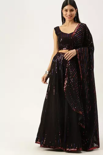 black embellished sequinned semi stitched lehenga & blouse with dupatta