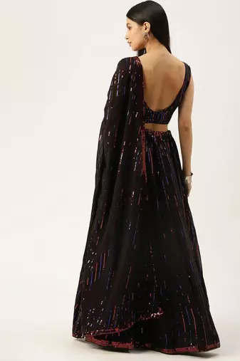 black embellished sequinned semi stitched lehenga & blouse with dupatta