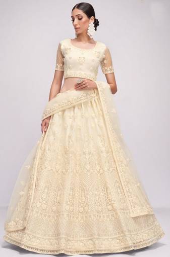 Off-White Sequins Embroidery Net Monochrome Lehenga Choli